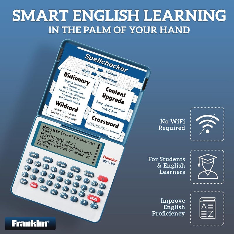 Franklin قاموس إلكتروني وموسوعة MDE-1200 – قاموس إنجليزي، مرادفات، مدقق إملائي، ألعاب كلمات، أدوات قواعد، قاموس رقمي، جهاز محمول بشاشة LCD - Image 4